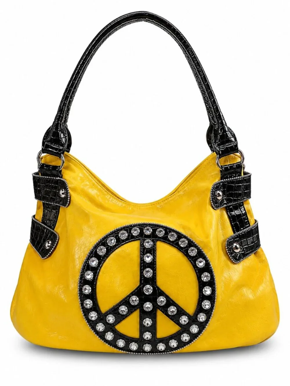 Y2K Boho Yellow Peace Sign Rhinestone Hobo Bag Festival Statement Purse